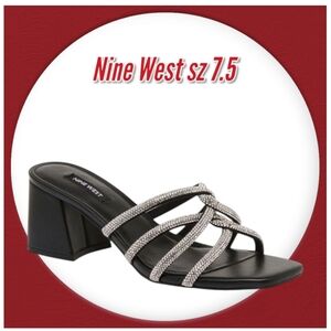 Nine West Woman Sanda Glitz Black Block Heels Bejeweled Straps Slide Square Toe